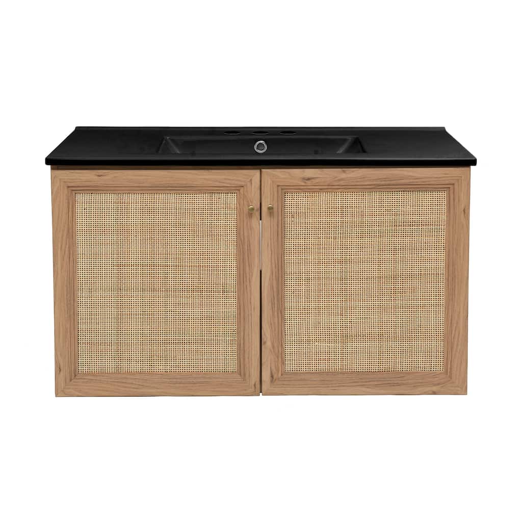 Classe 36 In. Brown Oak Wall Hung Bathroom Vanity With Black, 3-Hole Ceramic Sink Top
