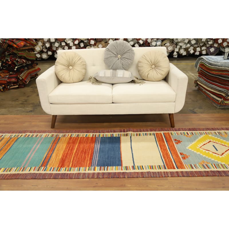 Hand Woven Oriental 100% Wool Carpet Southwestern Tribal Multi-Colored Kilim Runner Rug - 11' 2'' X 2' 9''