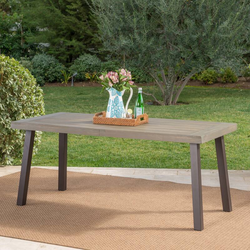 Della Outdoor Acacia Wood Dining Table with Metal Legs, Grey Finish / Rustic Metal