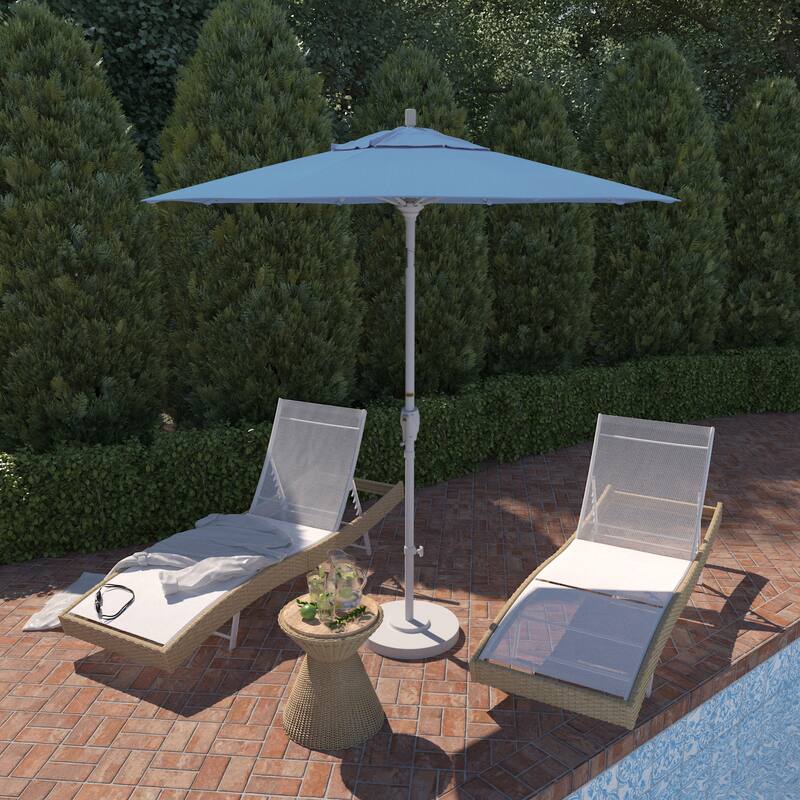 California Umbrella 7.5' Round Crank Lift Push Button Tilt White Aluminum Patio Umbrella with Pacifica Pacific Blue Fabric - Capri