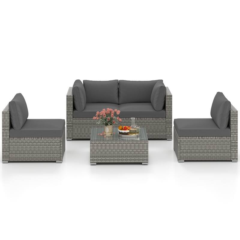 Gymax 5PCS Patio Sectional Sofa Couch PE Rattan Conversation Set