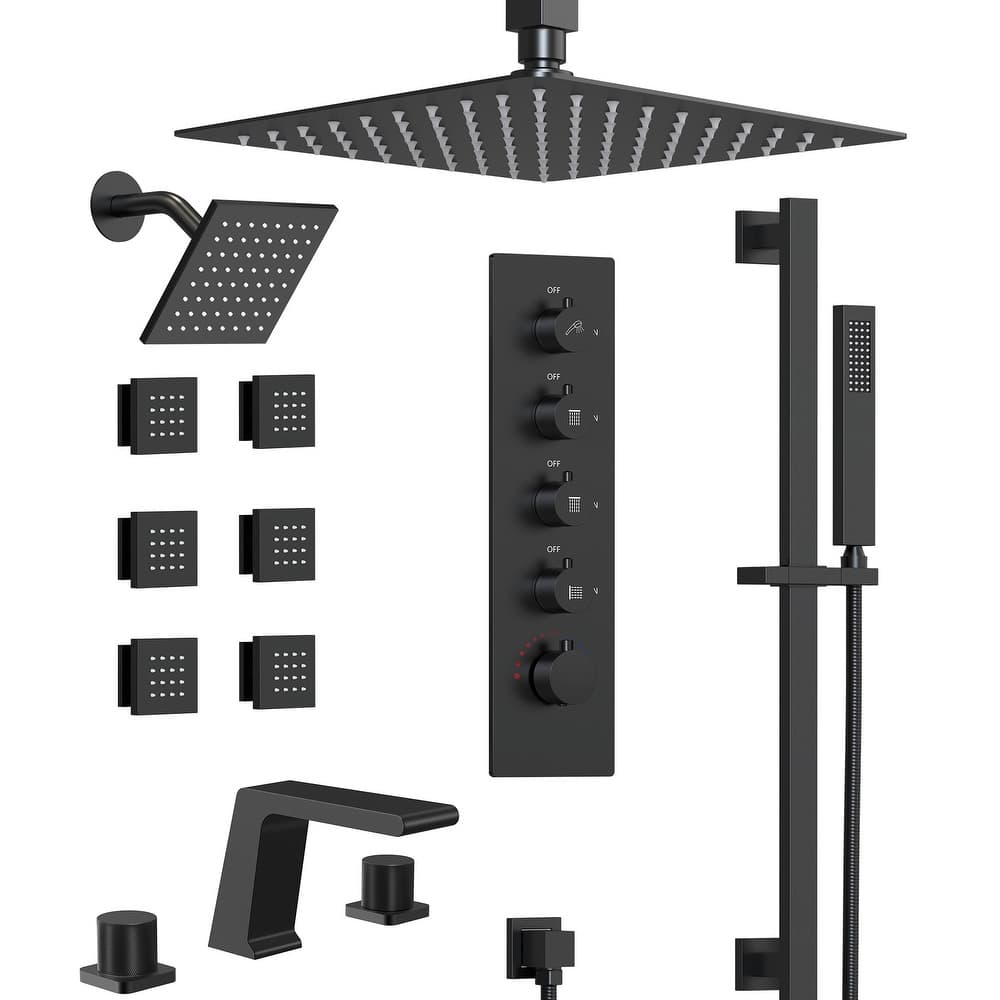 GRANDJOY Dual Shower Heads 16" Rainfall Shower System with 2-Handle Bathroom Sink Faucet Combo Set