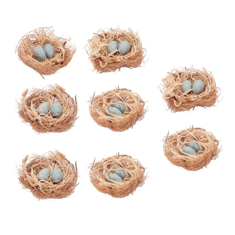 HomeRoots Set of Eight Brown And Blue Decorative Birds Nests With Eggs Sculptures - 2.35 in. x 1.40 in. x 2.45 in.