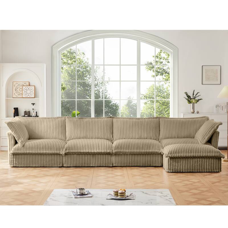 Corduroy L-Shaped Sectional Sofa with Deep Seats, 4-Seater - Camel