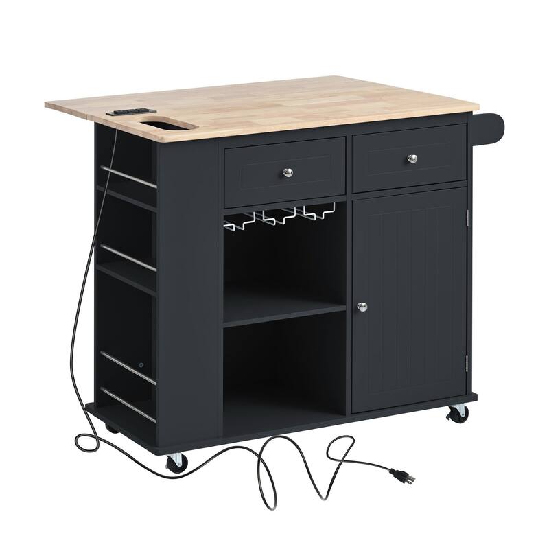 Multifunctional Kitchen Cart with Power Outlet, Open Storage and Wine Rack - 40" x 30"
