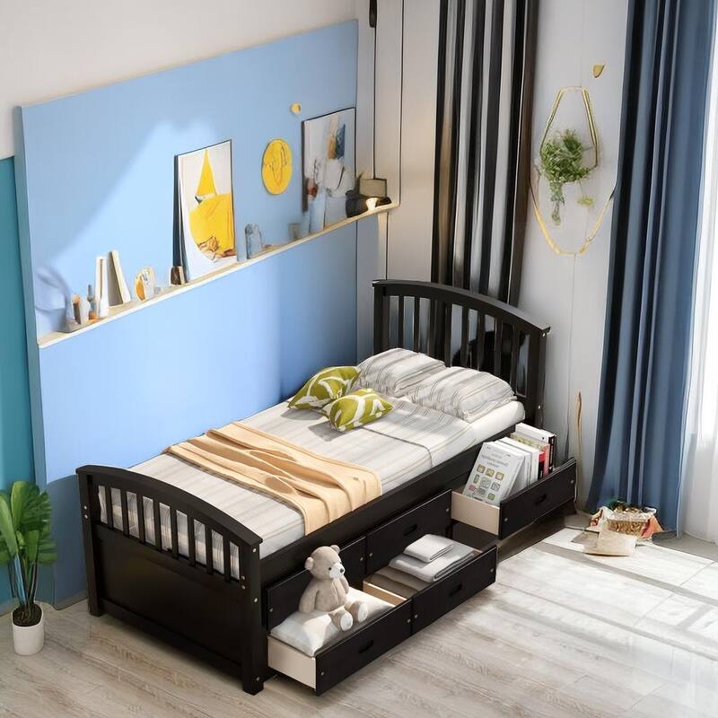 Twin Bed with Under Bed Storage Drawers Storage Bed Solid Wood Bed with 6 Drawers - Black