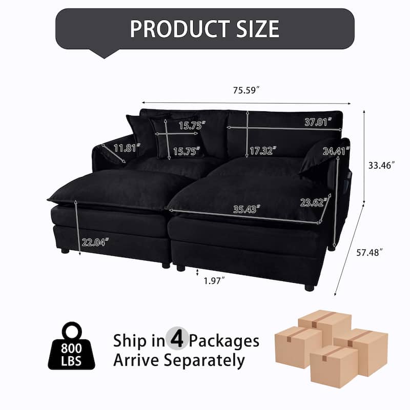 Chenille Loveseat Upholstered Deep Seat Sofa with 2 Movable Ottomans and 2 Pillows Love Seat Modular Couch for Apartment