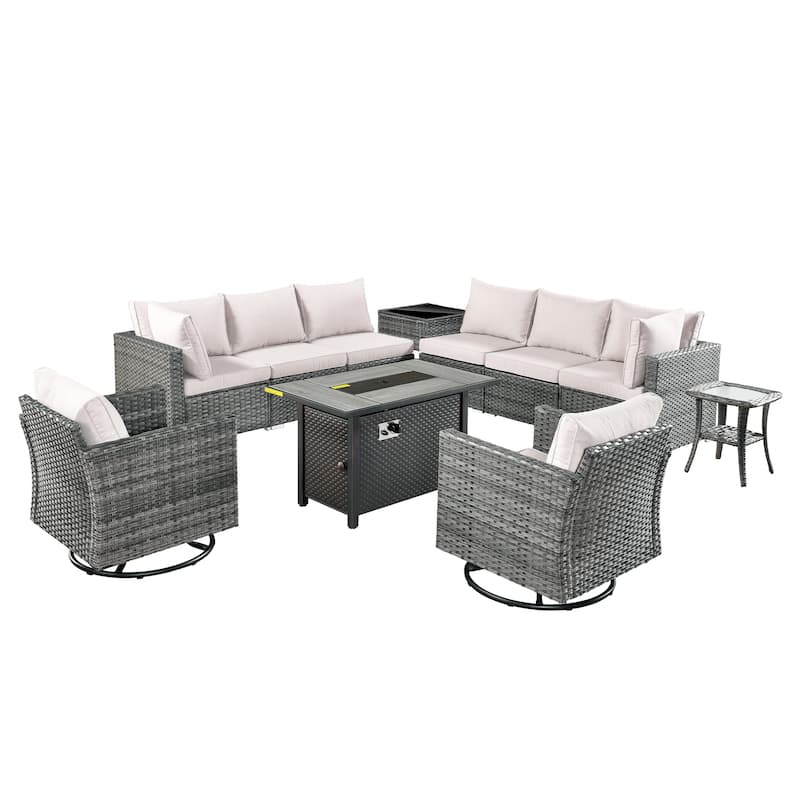 HOOOWOOO 11-piece Rattan Wicker Outdoor Furniture Set Swivel Chairs with Fire Pit