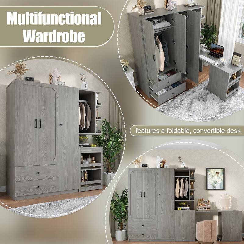Bedroom Armoire, Wooden Wardrobe Cabinet and Foldable Desk Into One Multifunctional Unit