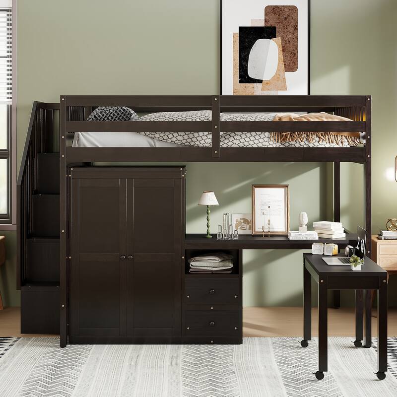 Full Loft Bed with Stairs & Built-in Desk and 5-in-1 Storage, 350lb Capacity