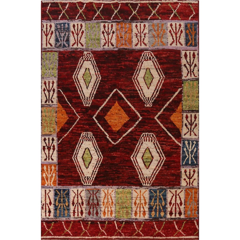 Red Geometric Moroccan Area Rug Hand-Knotted Wool Carpet - 6'10" x 9'9"
