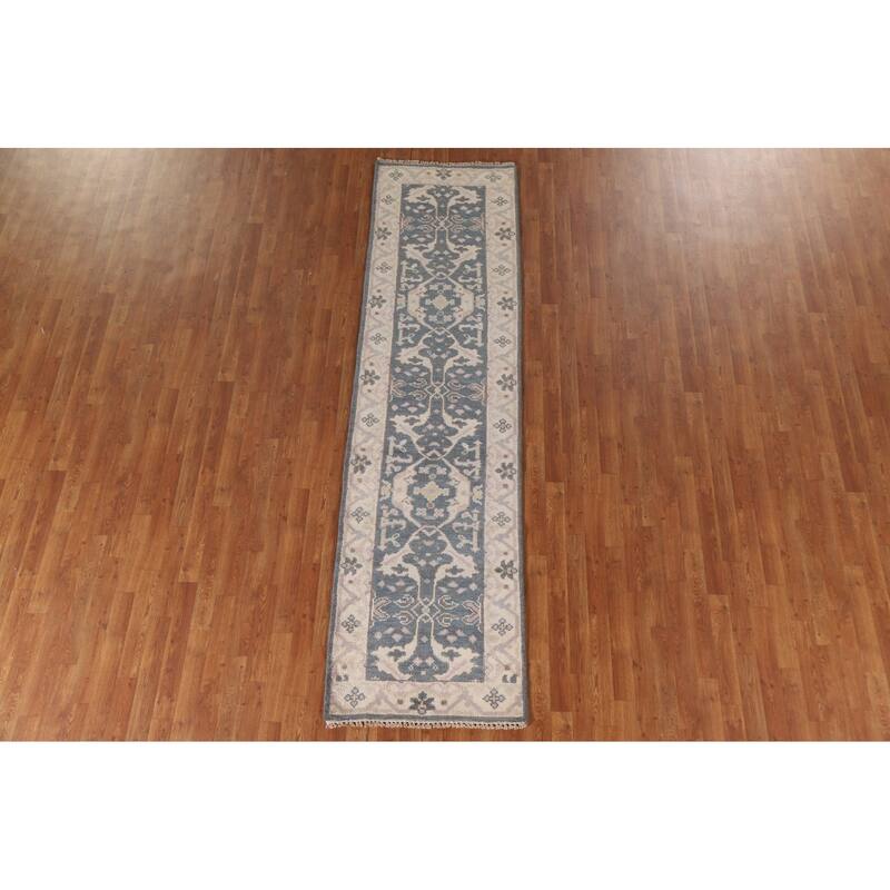 Blue Oushak Style Runner Rug Handmade Wool Carpet - 2'7"x 9'10"