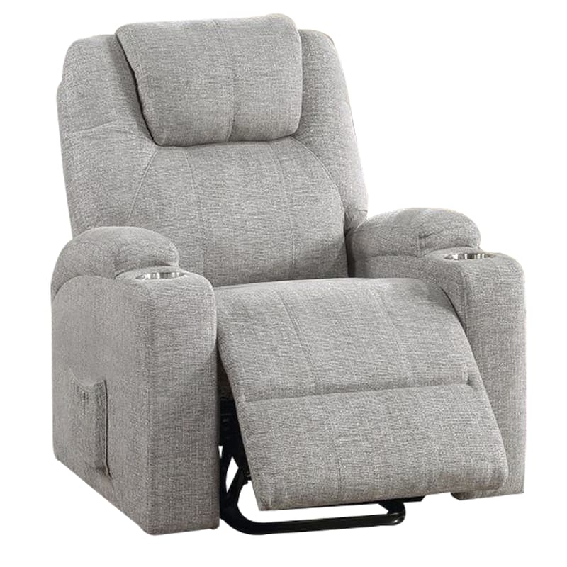 Evans 37 Inch Recliner Chair, Power Lift, Cupholders, Chenille, Light Gray
