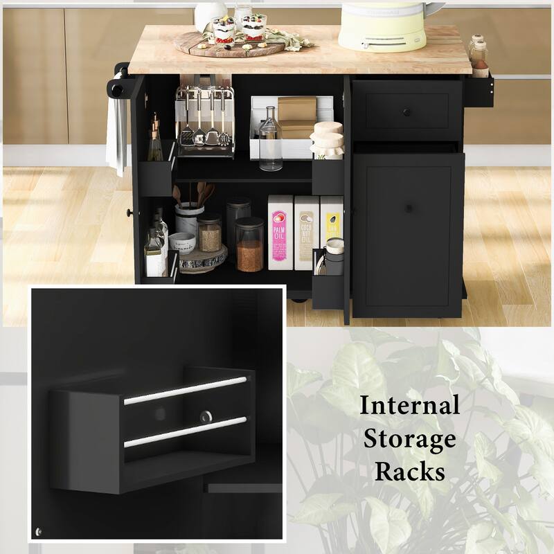 Mobile Kitchen Island with Drop Leaf, 53.9" Width, 3-Tier Pull-Out Cabinet Organizer, Spice & Towel Rack (Black)