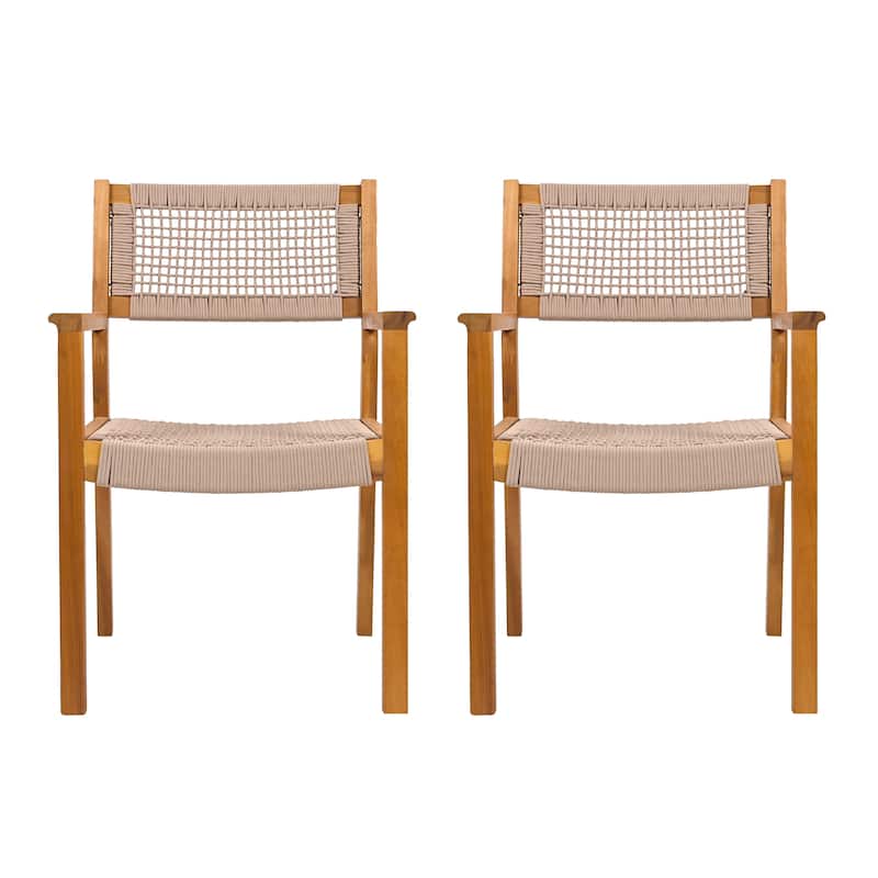 Roomfitters Outdoor Dining Armchairs Set of 2, Wood and Woven Rope Design, Patio Seating with Rustic Charm