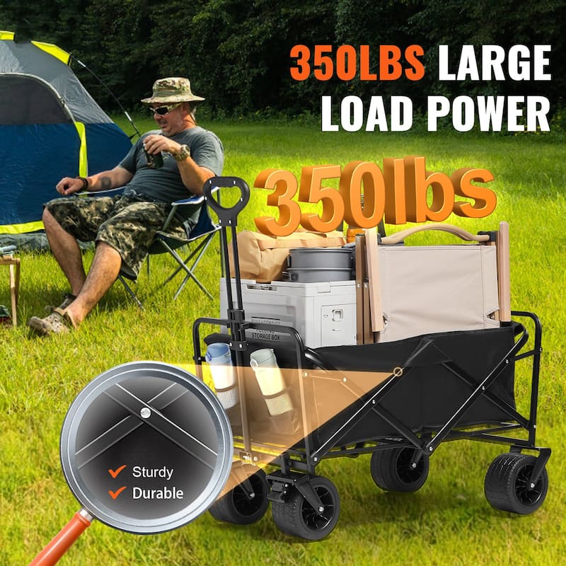 Black Oxford Iron Wagon 350lbs Foldable Cart with Lock Brakes - 37.59x35.43x23.62 inch
