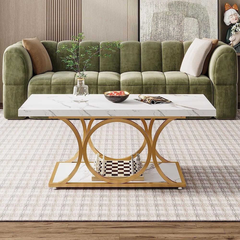 47 In 2-Tier Modern Coffee Tables with Faux Marble Top for Living Room