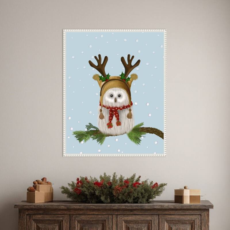 Christmas Fluffy Owl and Antlers by Fab Funky (23 x 28 in.), Framed Canvas Wall Art Print - Sylvie Beaded White