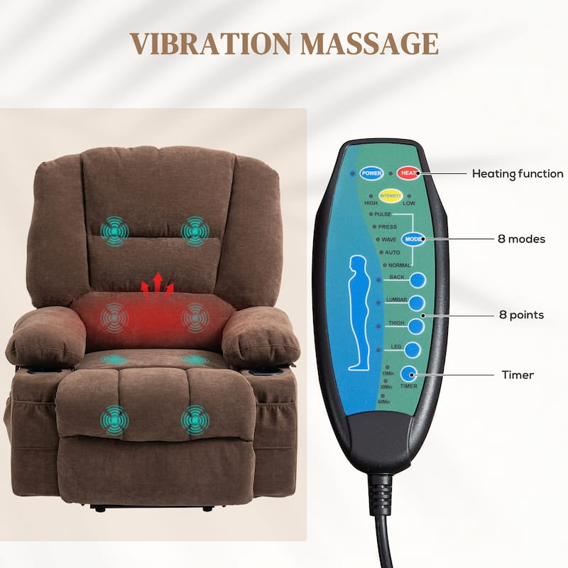 Brown Power Lift Recliner Chair with Vibration Massage, Heating, Remote Control, Quick Assembly, and Side Pockets