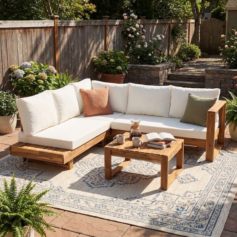 Christopher Knight Home - Outdoor Acacia Wood 3-Seater Sofa with Rope Arms and Cushions - Beige,Light Teak
