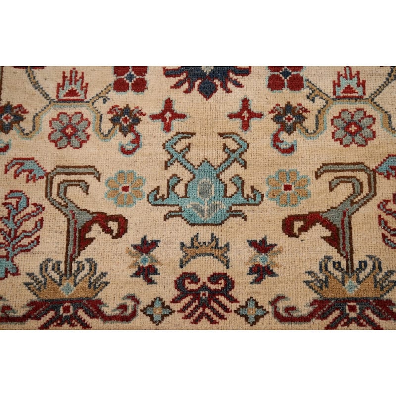Geometric Kazak Rug Hand-Knotted Oriental Wool Carpet - 3'7" x 4'11"