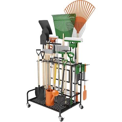 Garden Tool Organizer Rack with Wheels and 12 Hooks, Holds 39 Tools for Garage, Shed, Patio