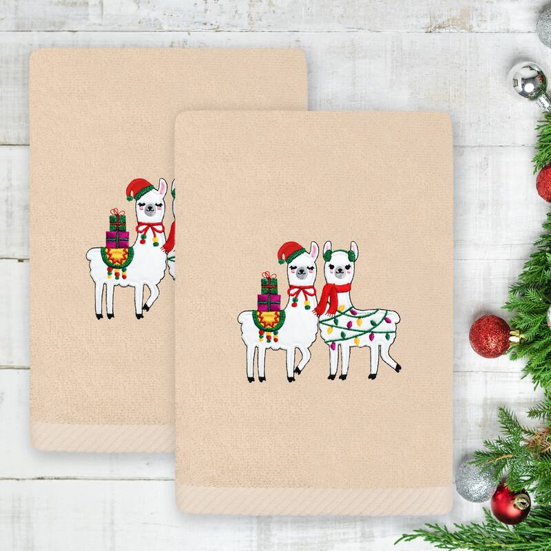 Authentic Hotel and Spa Christmas LLAMAS Embroidered Luxury 100% Turkish Cotton Hand Towels Set of 2