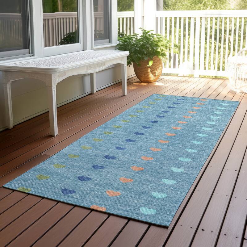 Machine Washable Indoor/ Outdoor Modern Hearts Chantille Rug - Teal - 2'3" x 7'6"