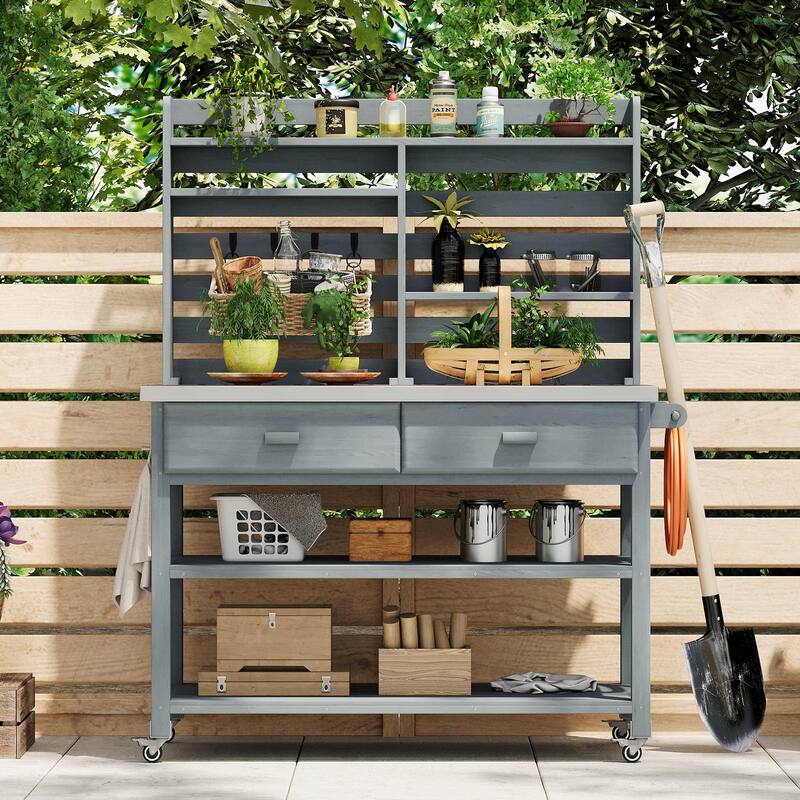64.9"H Outdoor Potting Table with Lockable Wheels,Solid Wood Kitchen Island with Upper Hutch,Stainless Steel Top,Towel Rack