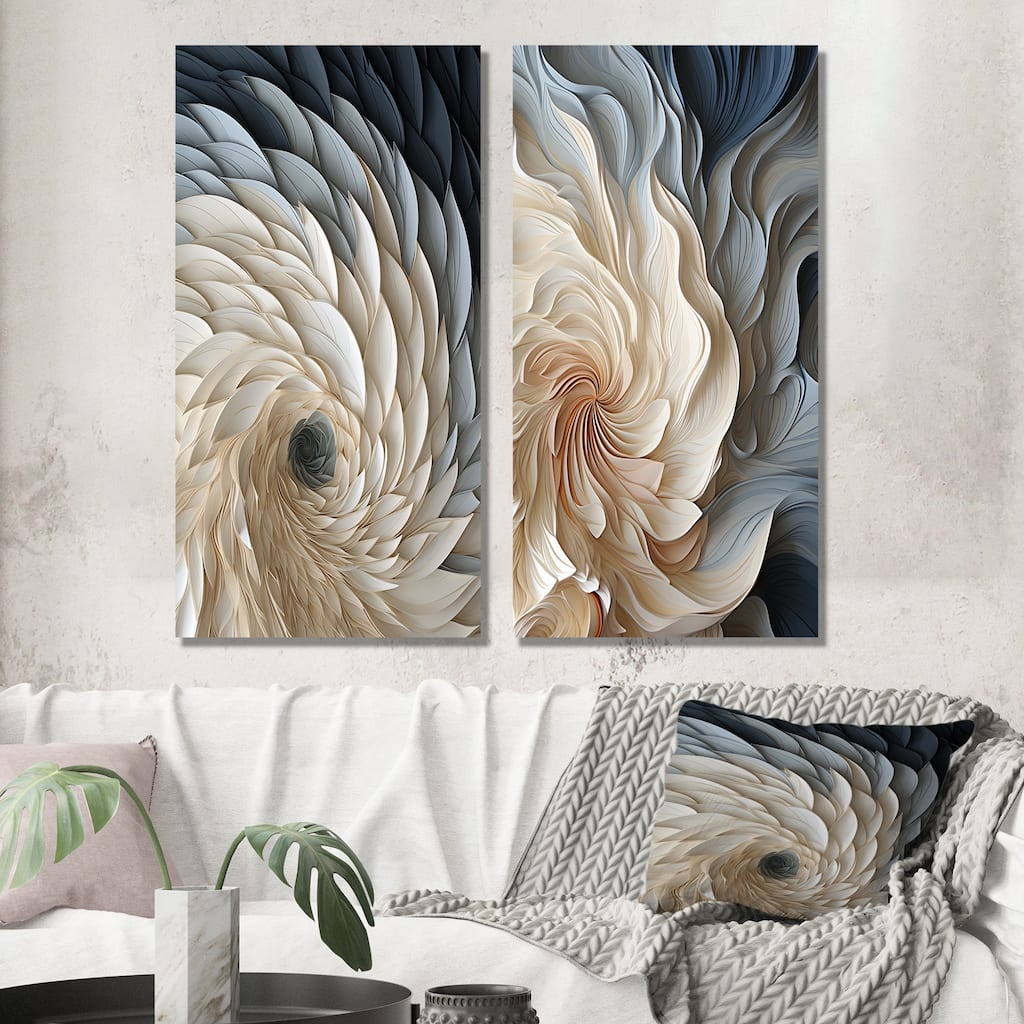 Designart "White And Blue Feather Spiral I" Abstract Geometric Canvas Set Of 2 - Modern White Wall Art Set 2 Pieces