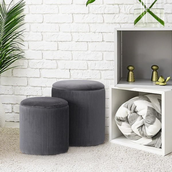 Set Of 2 Round Velvet Storage Ottomans - Grey Upholstered Footstool & Vanity Stool For Living Room, Makeup Room, Entryway