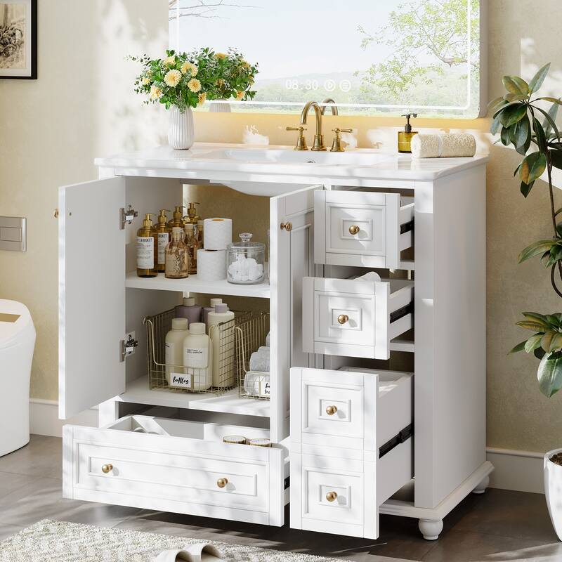 Modern Freestanding Solid Wood Bathroom Vanity with Ceramic Sink, Adjustable Shelf Storage