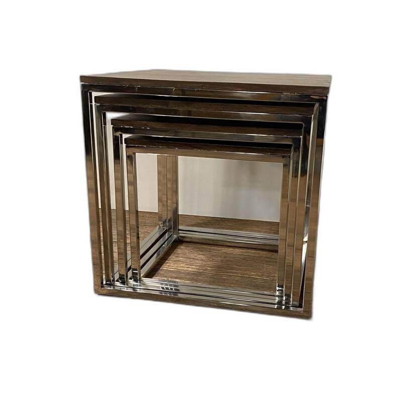 Natural Brown Solid Wood Rectangular Nesting Tables with Silver Stainless Steel Bases Set of 4
