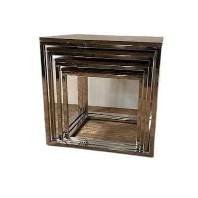 Natural Brown Solid Wood Rectangular Nesting Tables with Silver Stainless Steel Bases Set of 4
