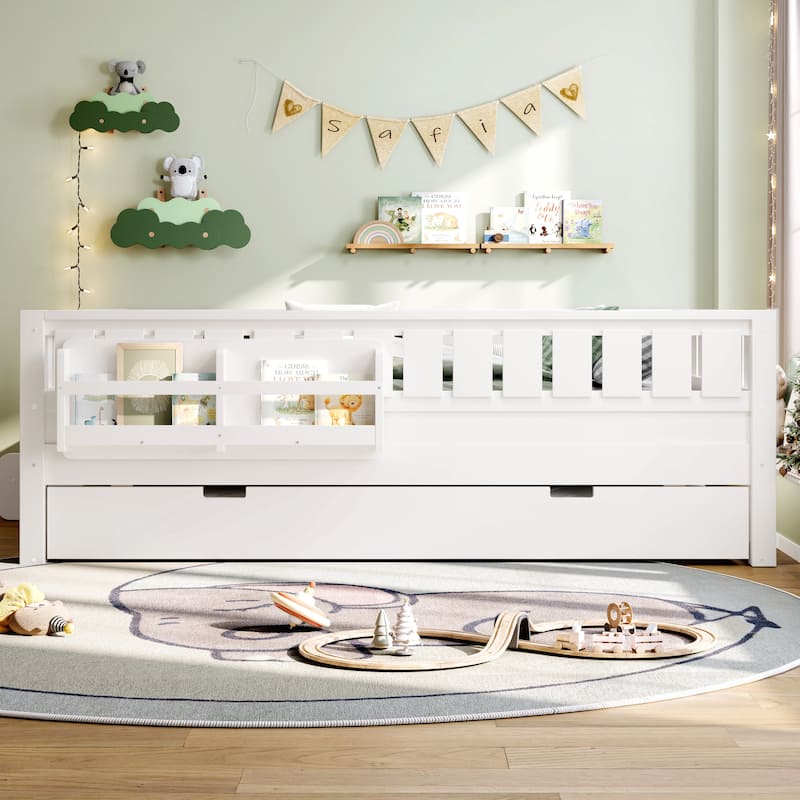 Roomfitters Floor Bed with Bookshelf and Trundle, Low Profile Frame with Step Entry