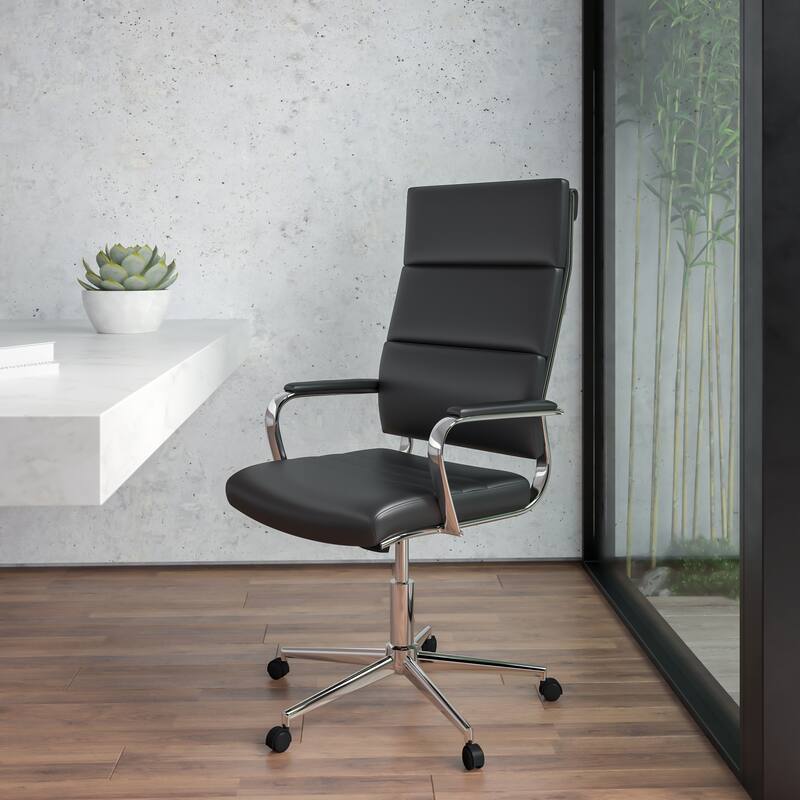 High Back LeatherSoft Contemporary Panel Executive Swivel Office Chair - Black