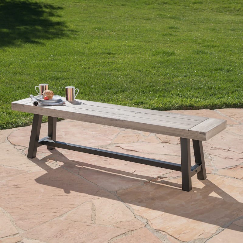 Roomfitters Modern Outdoor Benches with Sandblasted Brown Wood Top and Rustic Metal Legs, Stylish for Garden, Set of 2 - Light Grey