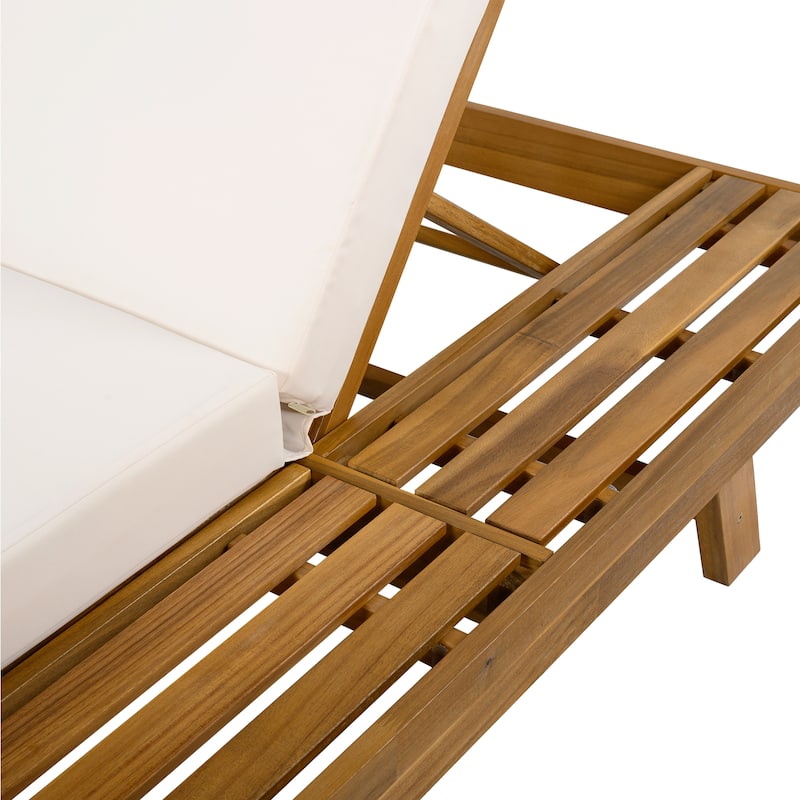 One-sided Open Storage Lounge Chairs Outdoor Patio Acacia Wood Chaise Lounge with Adjustable Backrest & Water-repellent Cushions