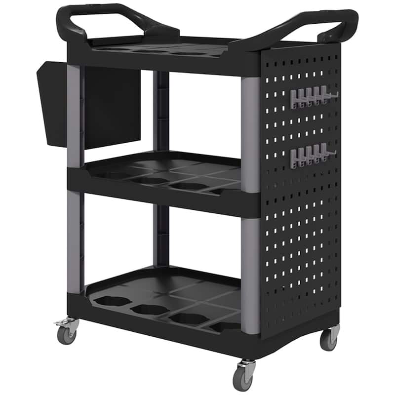 Adjustable Workshop Stool with Lumbar Support, Locking Wheels and Metal Tray and Bottle Holders - Grey-Black