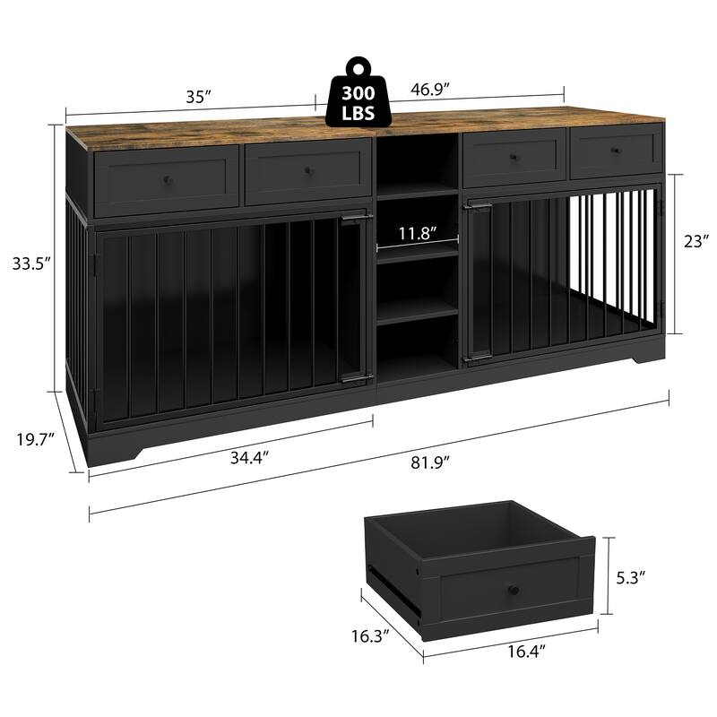 Double Dog Crate Furniture, Large Wooden Dog House with 4 Drawers