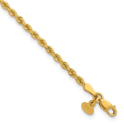 Curata 14k Yellow Gold 7" 2.5mm Solid Rope Chain Bracelet for Women