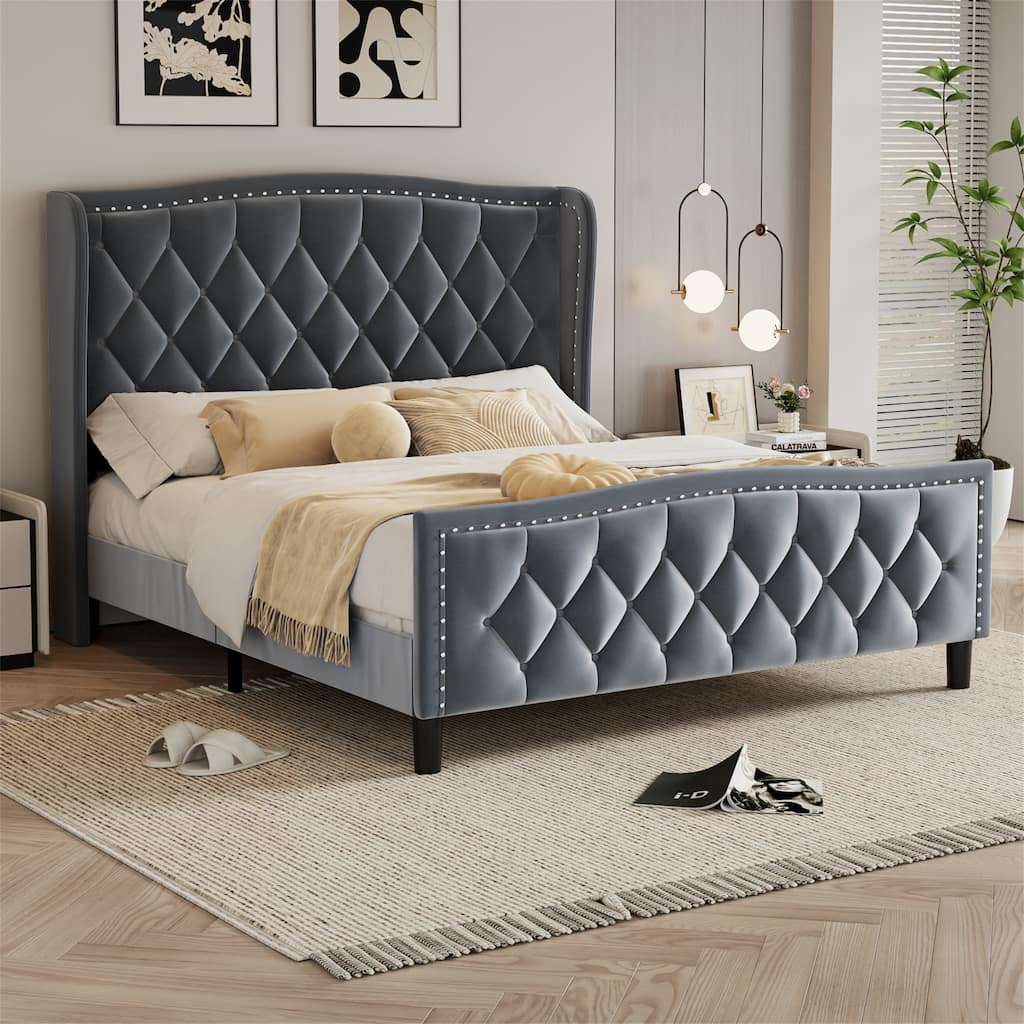 Queen Size Velvet Upholstered Platform Bed with Wingback Headboard
