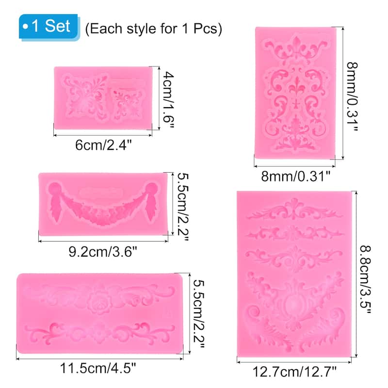 5PCS Polymer Clay Mold, Fondant Mold 3D Baroque Iod-Mold Silicone Rose - Pink