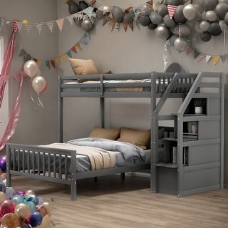 Twin over Full Loft Bed with Staircase Kids Bed with 3 Storage Grids ...