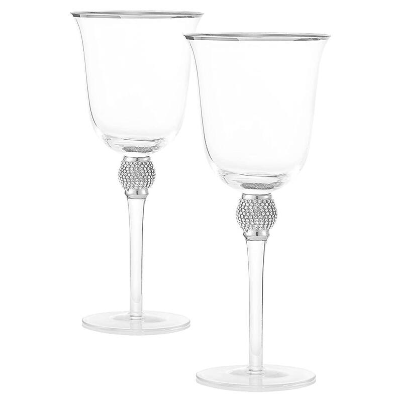 Berkware Elegant Sparkling Studded Long Stem Rose Glass with Gold or Silver Rim - Set of 2 - Silver