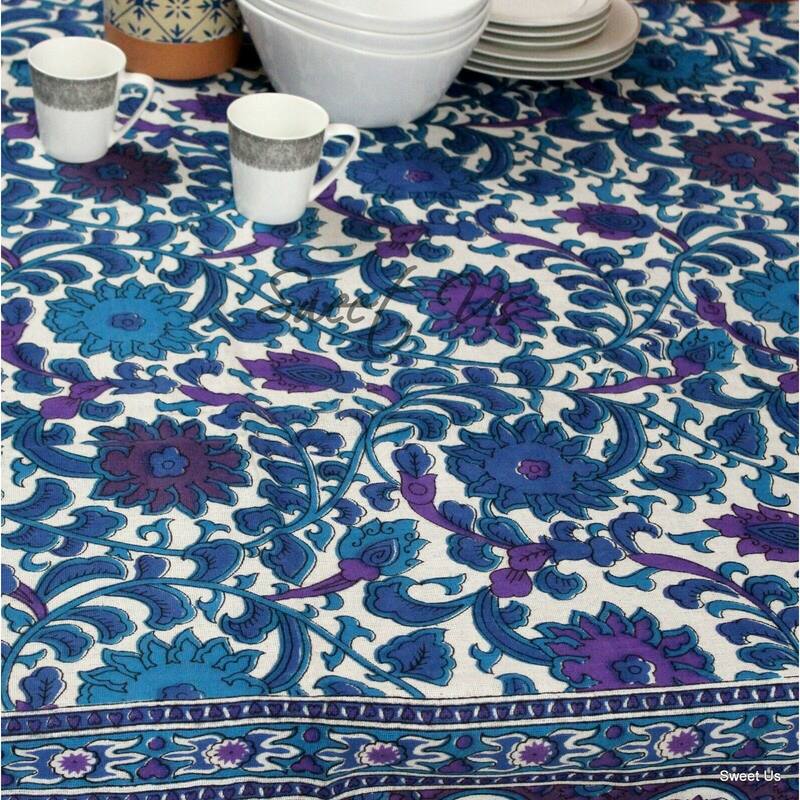 Cotton Auspicious Sunflower Floral Tablecloth Rectangle - Blue - 88 x 104 in