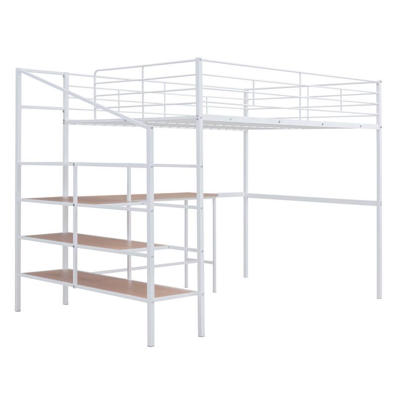 Metal Loft Bed with Desk and Lateral Storage 4-layers Ladder,Full Size
