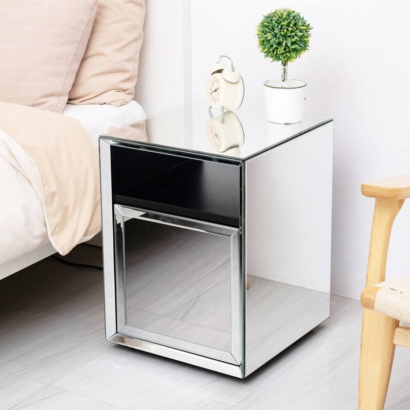 Mirrored Nightstand, LED Nightstand, Smart Bedside Table,Silver End Table