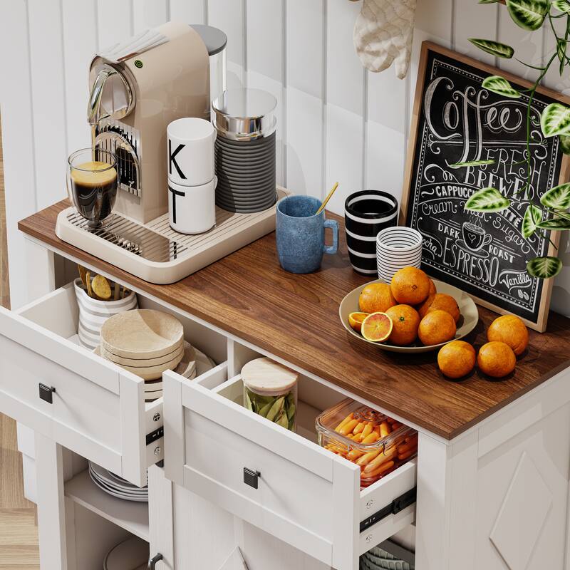 Coffee Bar Cabinet with Sliding Barn Door, Buffet Cabinet with Storage Shelves, Kitchen Sideboard with 2 Drawers