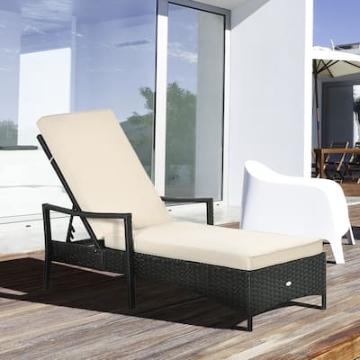 Outsunny Patio Chaise Lounge Chair, Outdoor PE Rattan Single Sun Lounger with 4-Level Adjustable Backrest